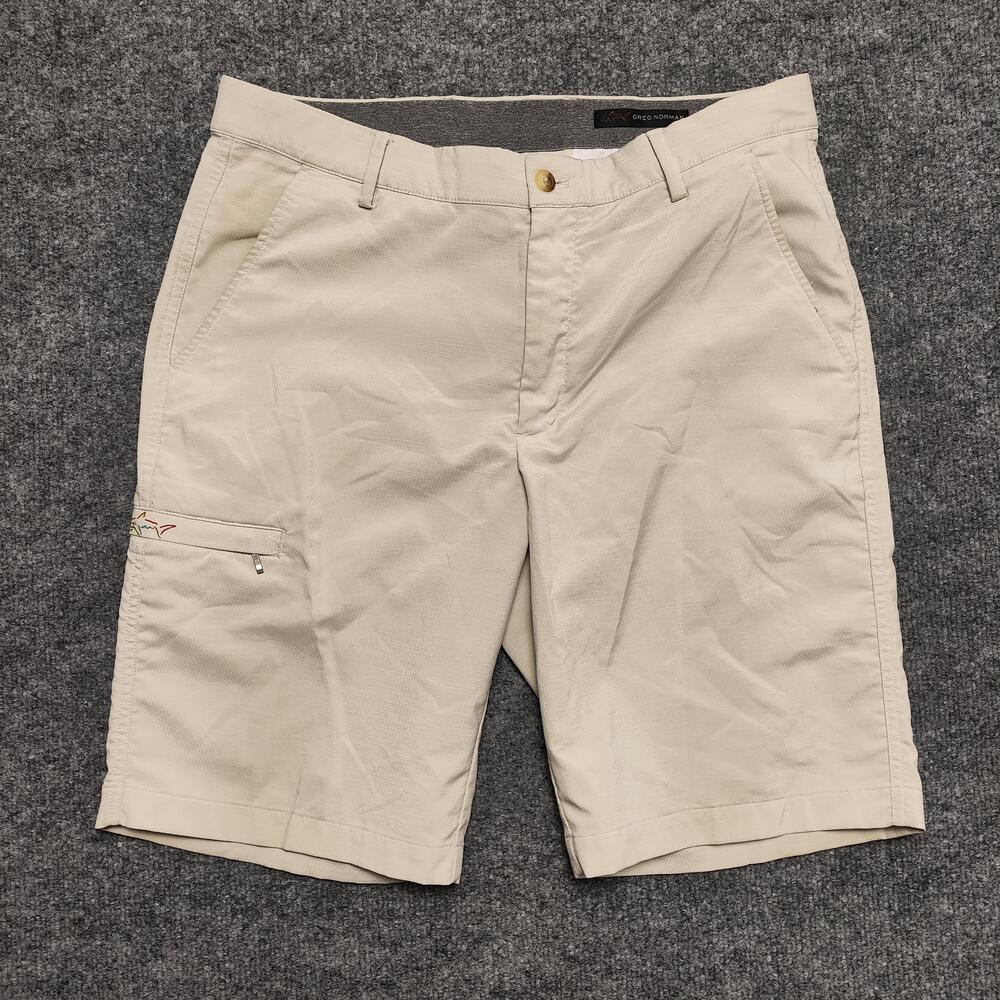Greg Norman Shorts Mens 32 Beige Microfiber Chino Golf Performance Stretch Fit